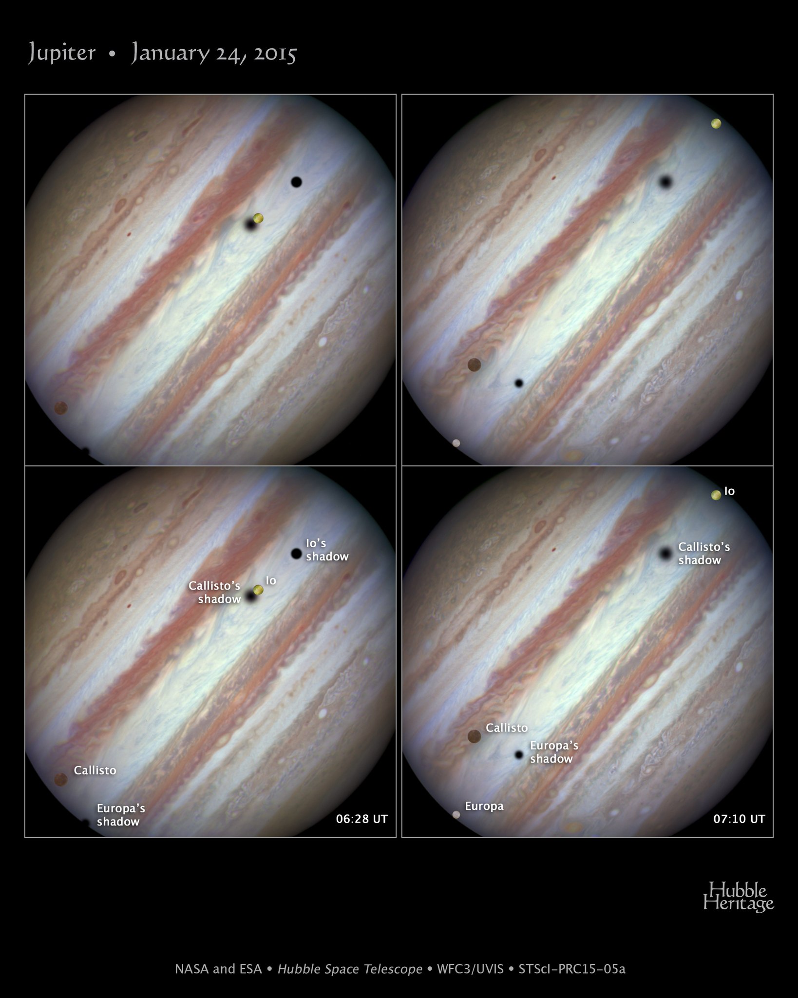 Эпические снимки транзита спутников Юпитера, снятые космическим телескопом Хаббл 24 января 2015 года